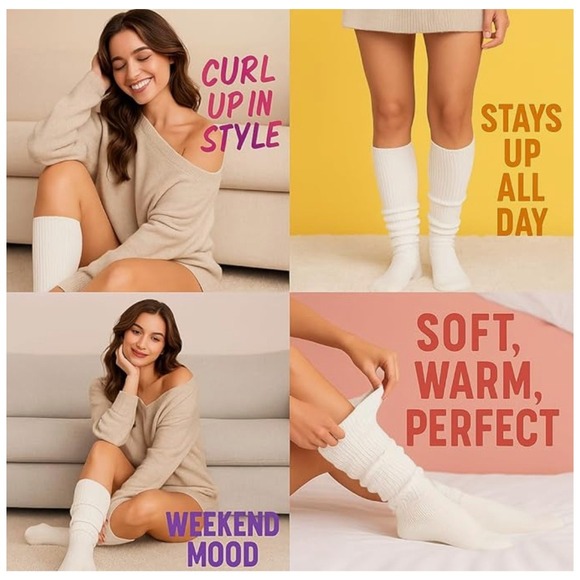 AWS Slouch Socks Extra Long Knee High Scrunchable Soft Comfy White Size 9-11 - Picture 5 of 7